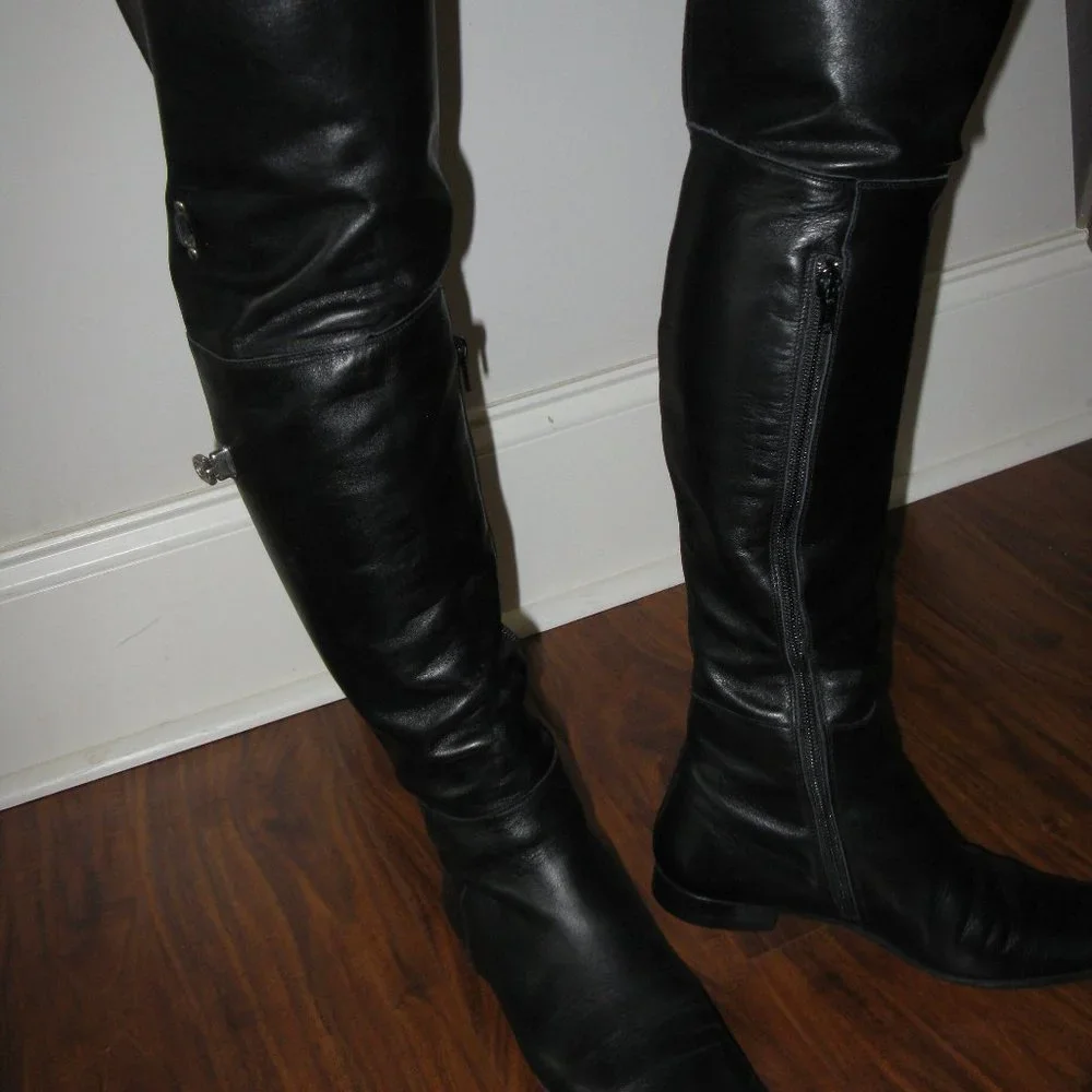 REDUCED Wmn Black Leather Side Zipper Block Heel Over The Knee Boots S 5.5 UK 3